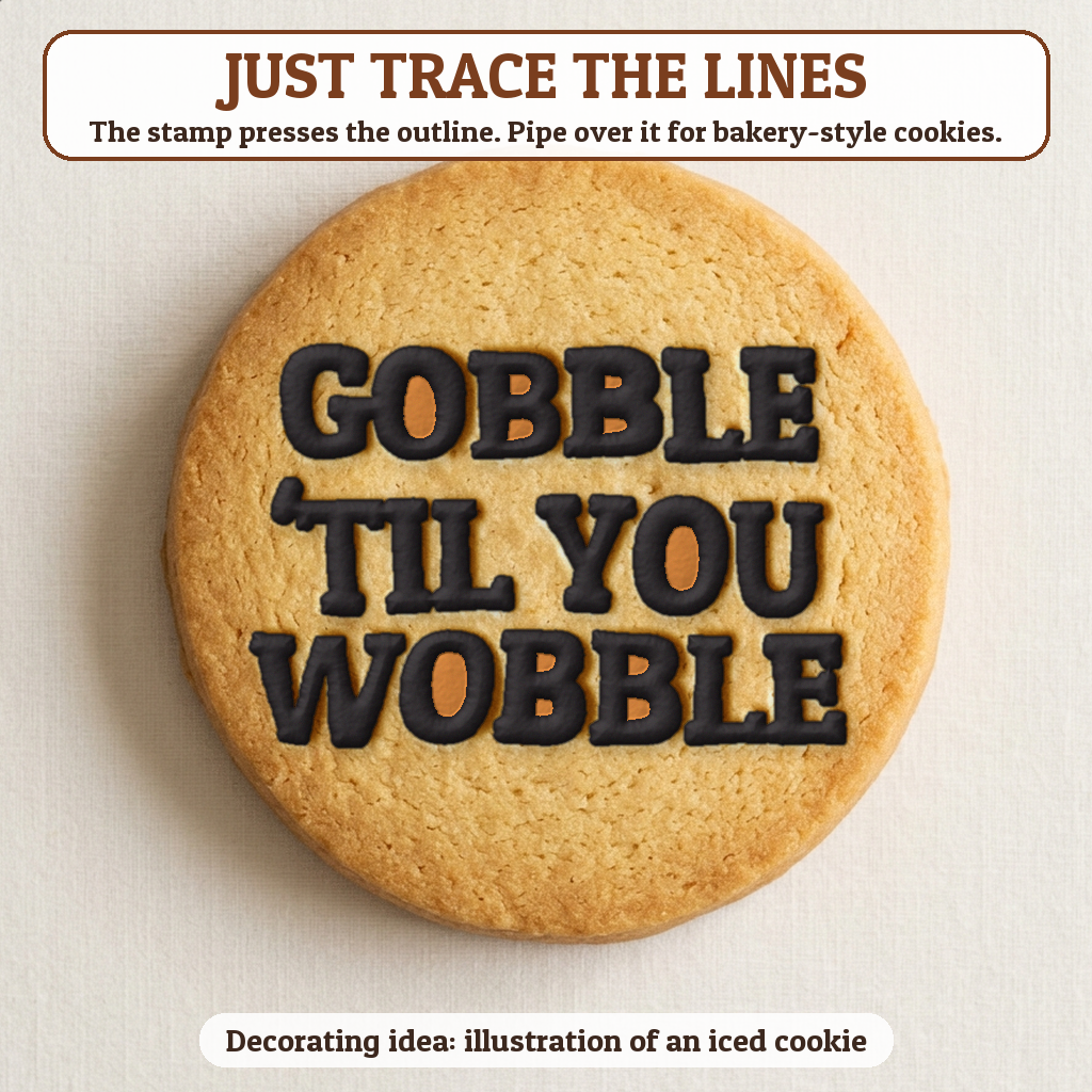 Gobble 'Til You Wobble cookie traced with icing, iced decorating idea