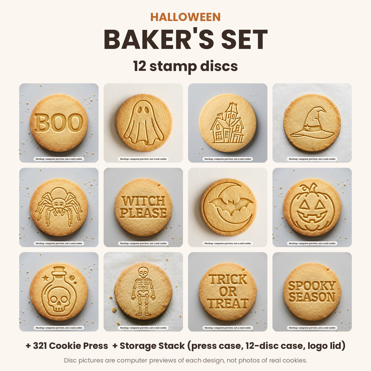 Halloween Baker's Set: what's in the box - 12 stamp discs, the 321 Cookie Press and storage cases (disc pictures are computer previews)