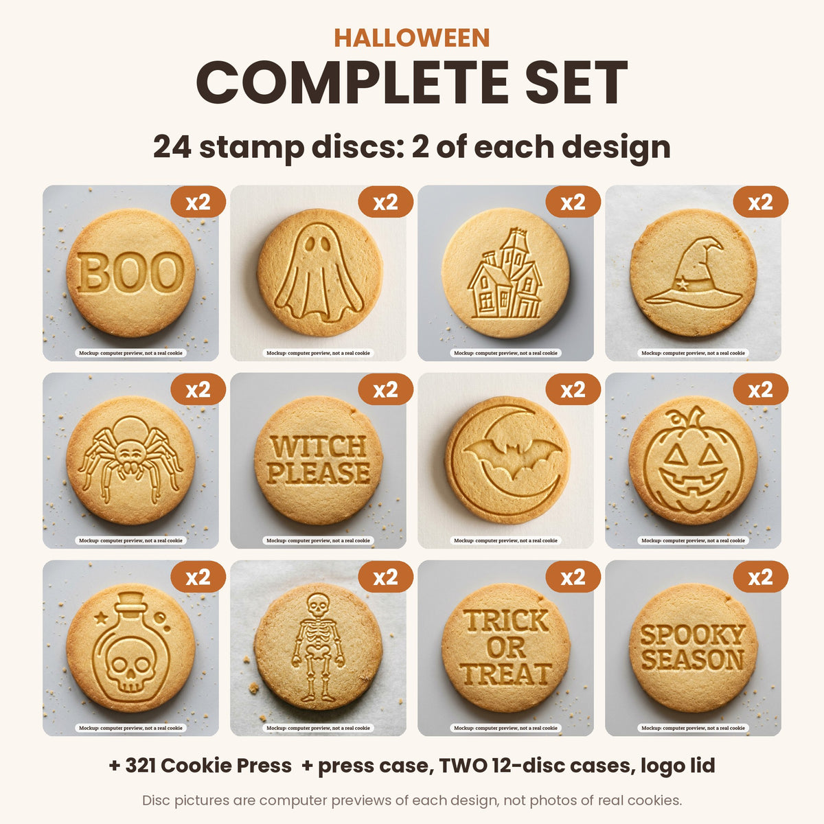 Halloween Complete Set: what's in the box - 24 stamp discs, two of each, the 321 Cookie Press and storage cases (disc pictures are computer previews)