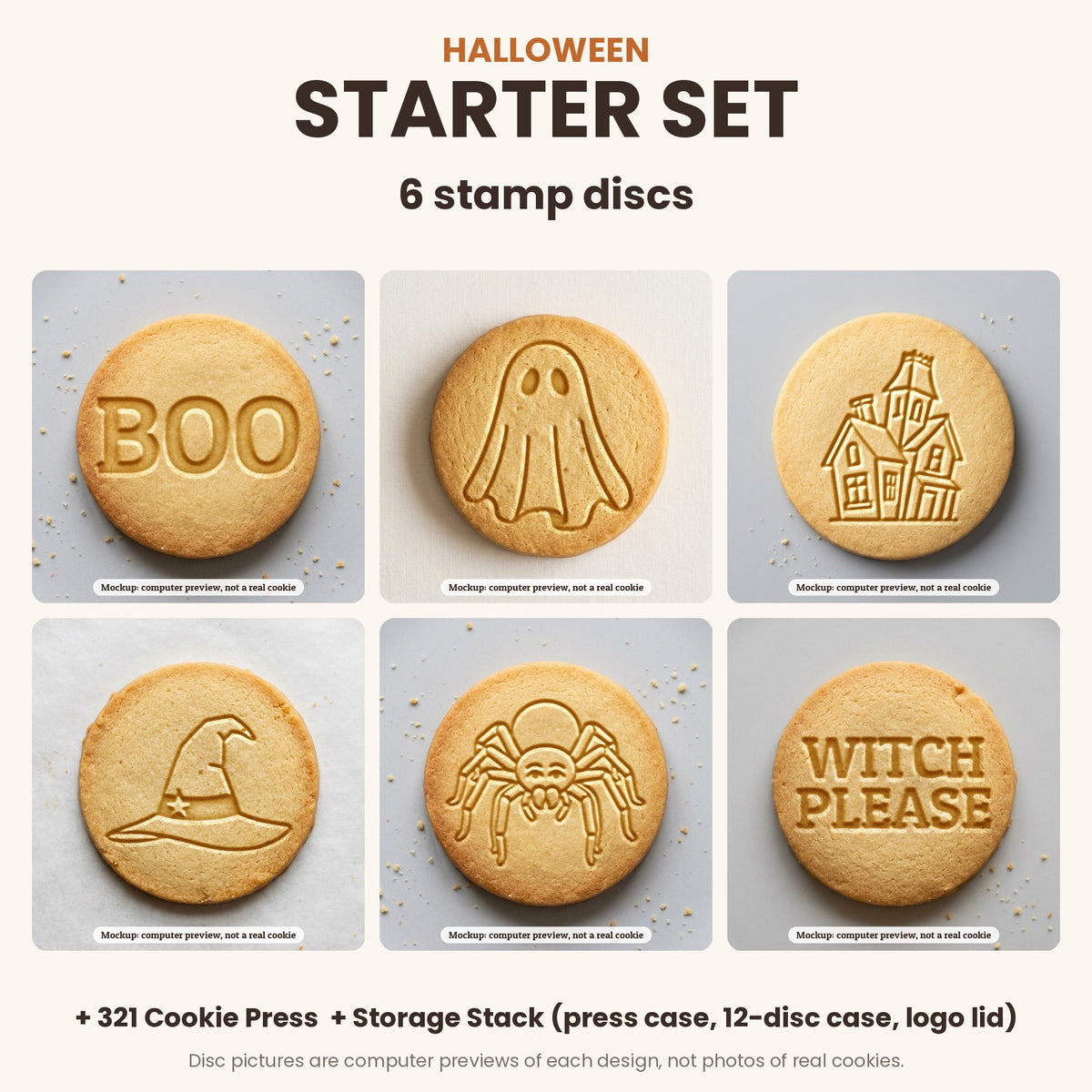 Halloween Starter Set: what's in the box - 6 stamp discs, the 321 Cookie Press and storage cases (disc pictures are computer previews)