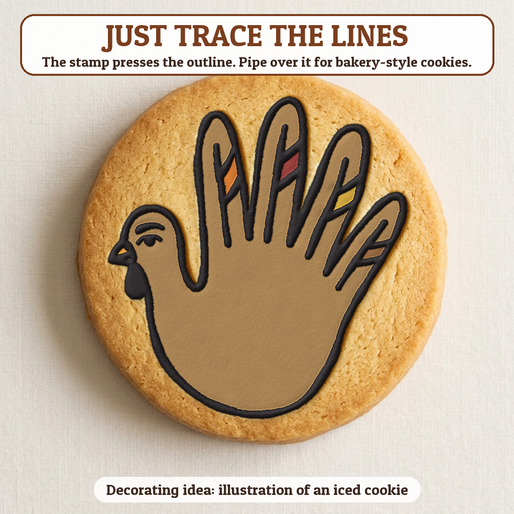 Hand Turkey cookie traced with icing, iced decorating idea