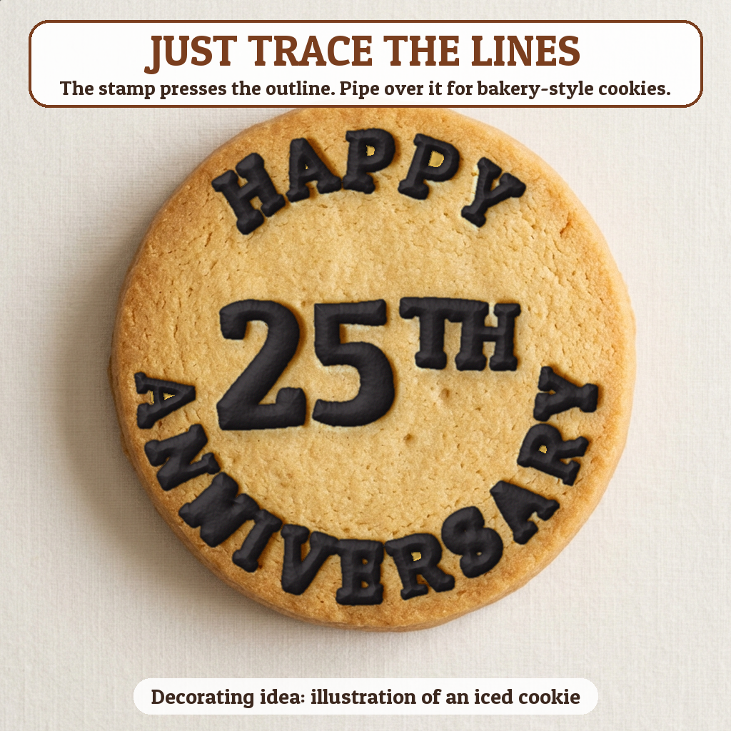 Happy 25th Anniversary cookie traced with icing, iced decorating idea