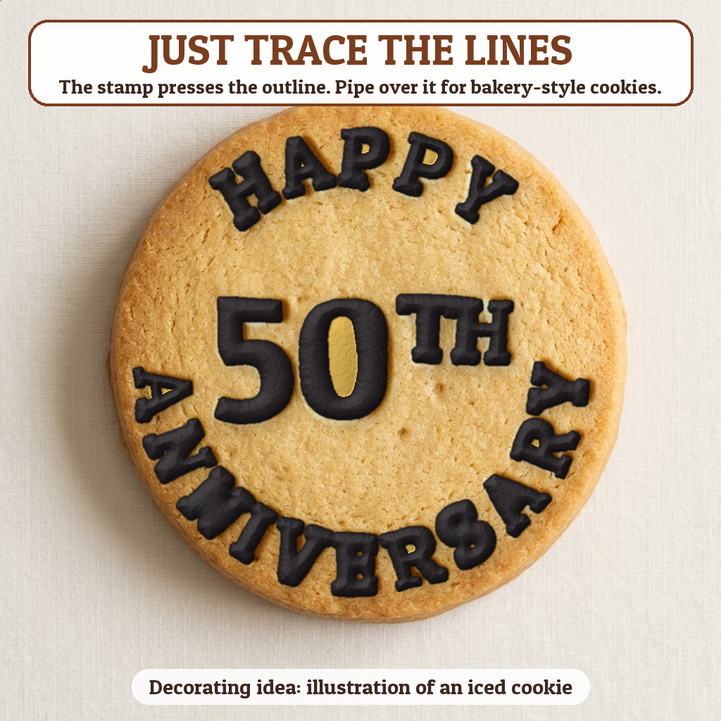 Happy 50th Anniversary cookie traced with icing, iced decorating idea