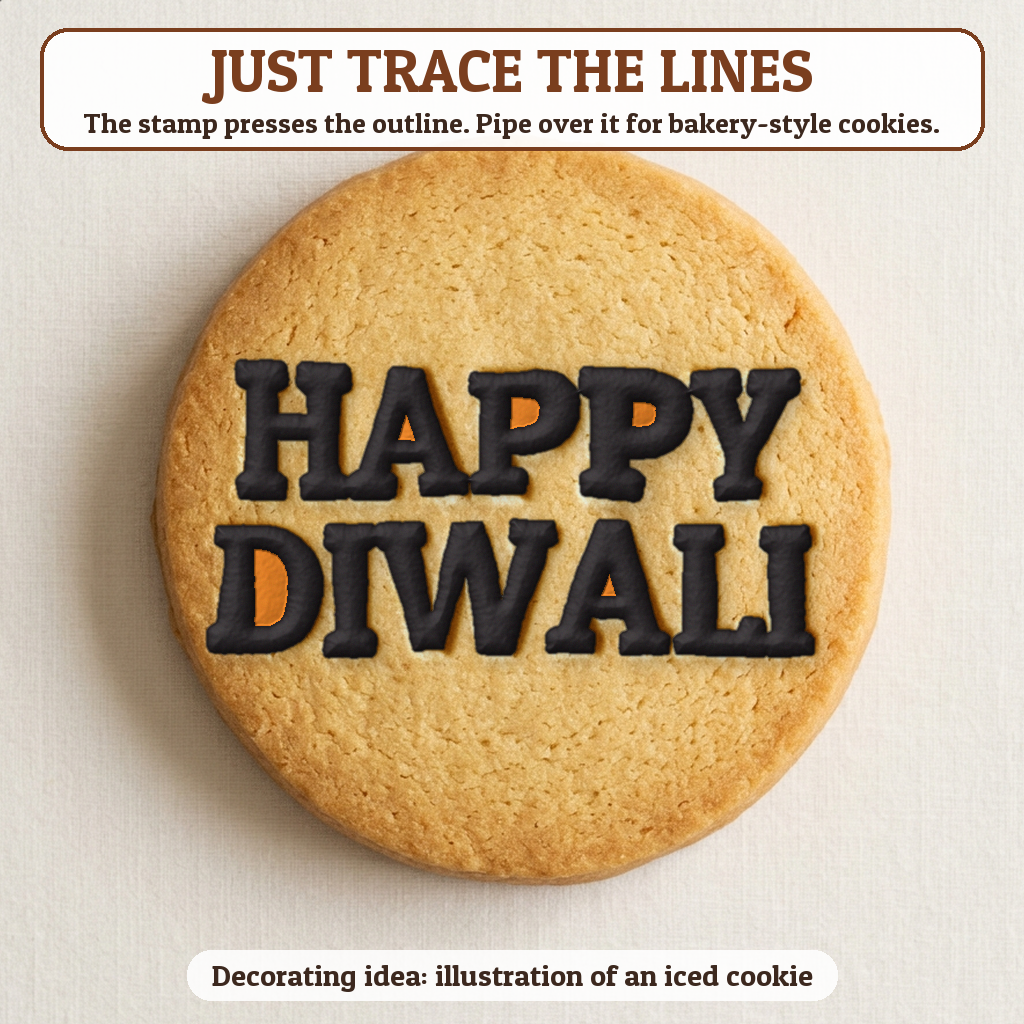 Happy Diwali cookie traced with icing, iced decorating idea
