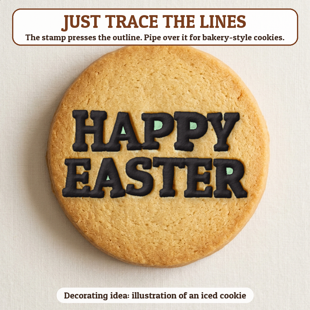 Happy Easter cookie traced with icing, iced decorating idea