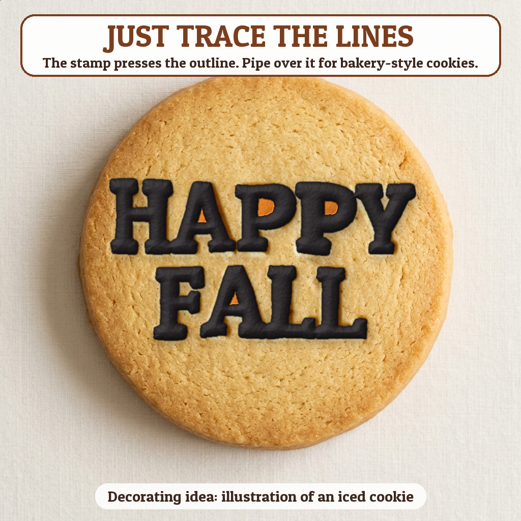 Happy Fall cookie traced with icing, iced decorating idea