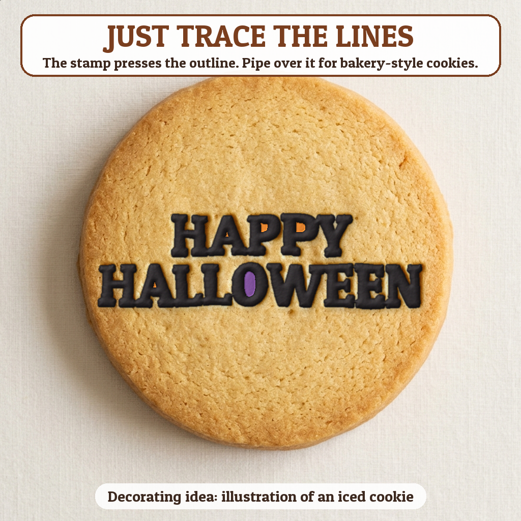 Happy Halloween cookie traced with icing, iced decorating idea