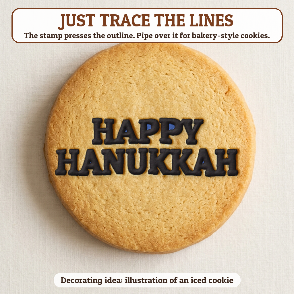 Happy Hanukkah cookie traced with icing, iced decorating idea
