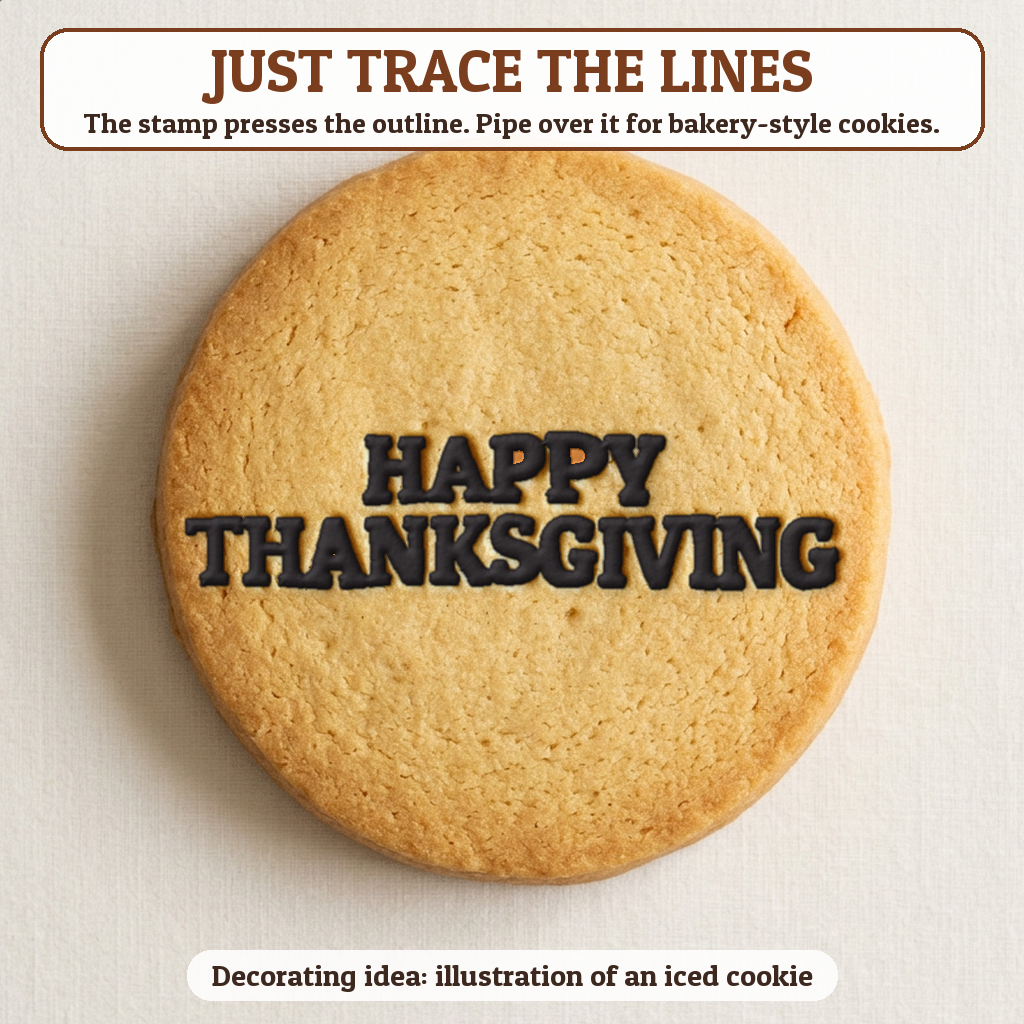 Happy Thanksgiving cookie traced with icing, iced decorating idea