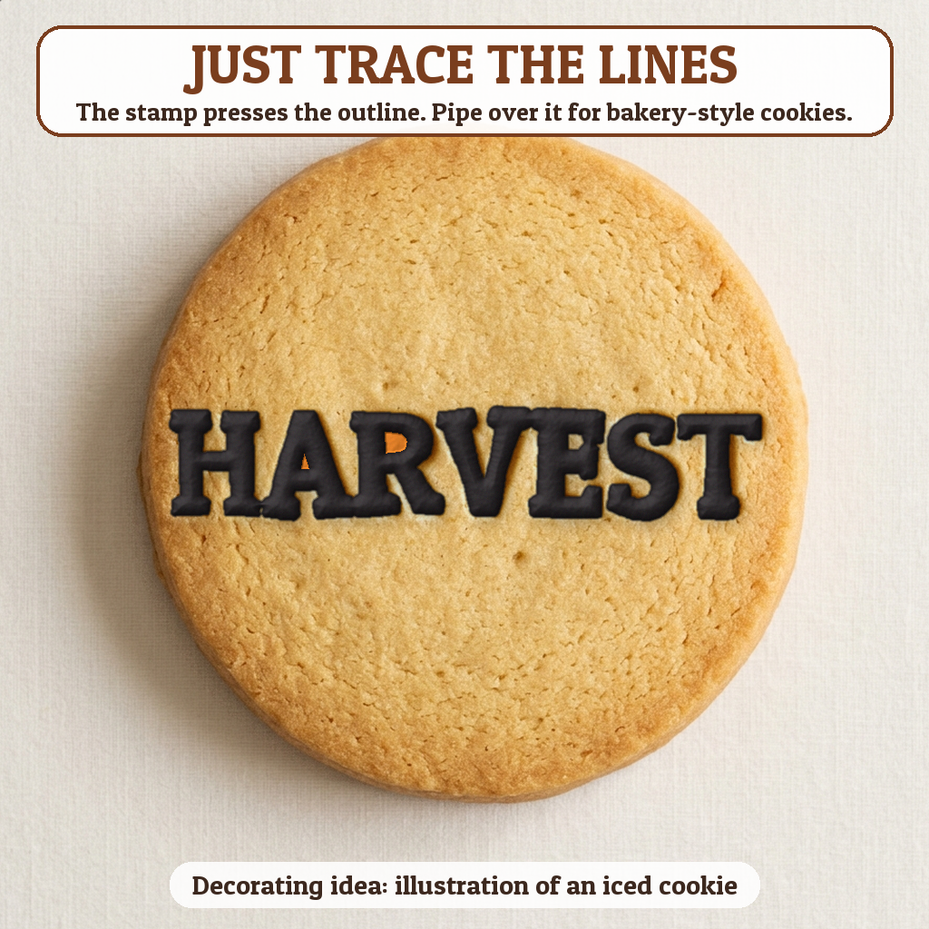 Harvest cookie traced with icing, iced decorating idea