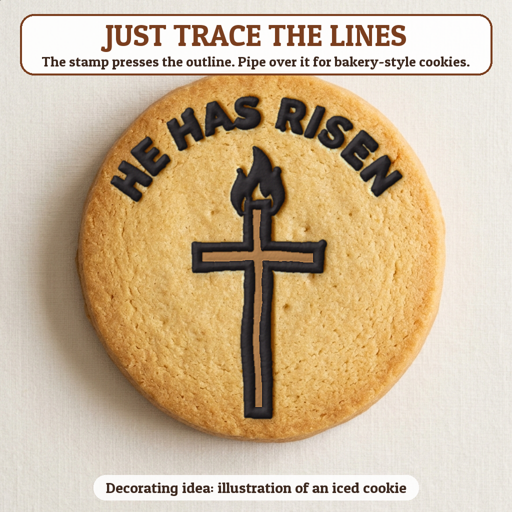 He Has Risen Cross cookie traced with icing, iced decorating idea