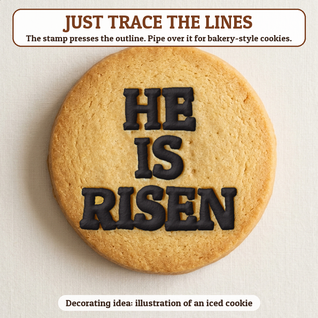 He Is Risen cookie traced with icing, iced decorating idea