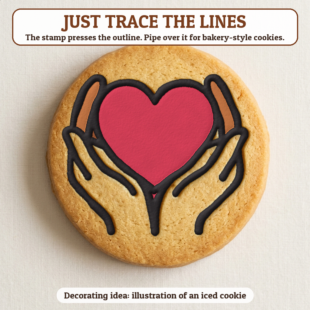 Heart in Hands cookie traced with icing, iced decorating idea