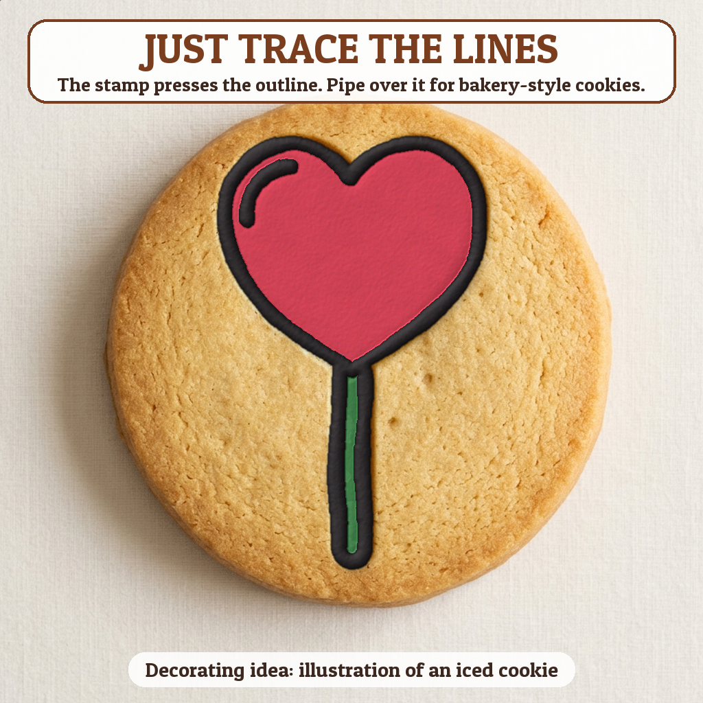 Heart Lollipop cookie traced with icing, iced decorating idea