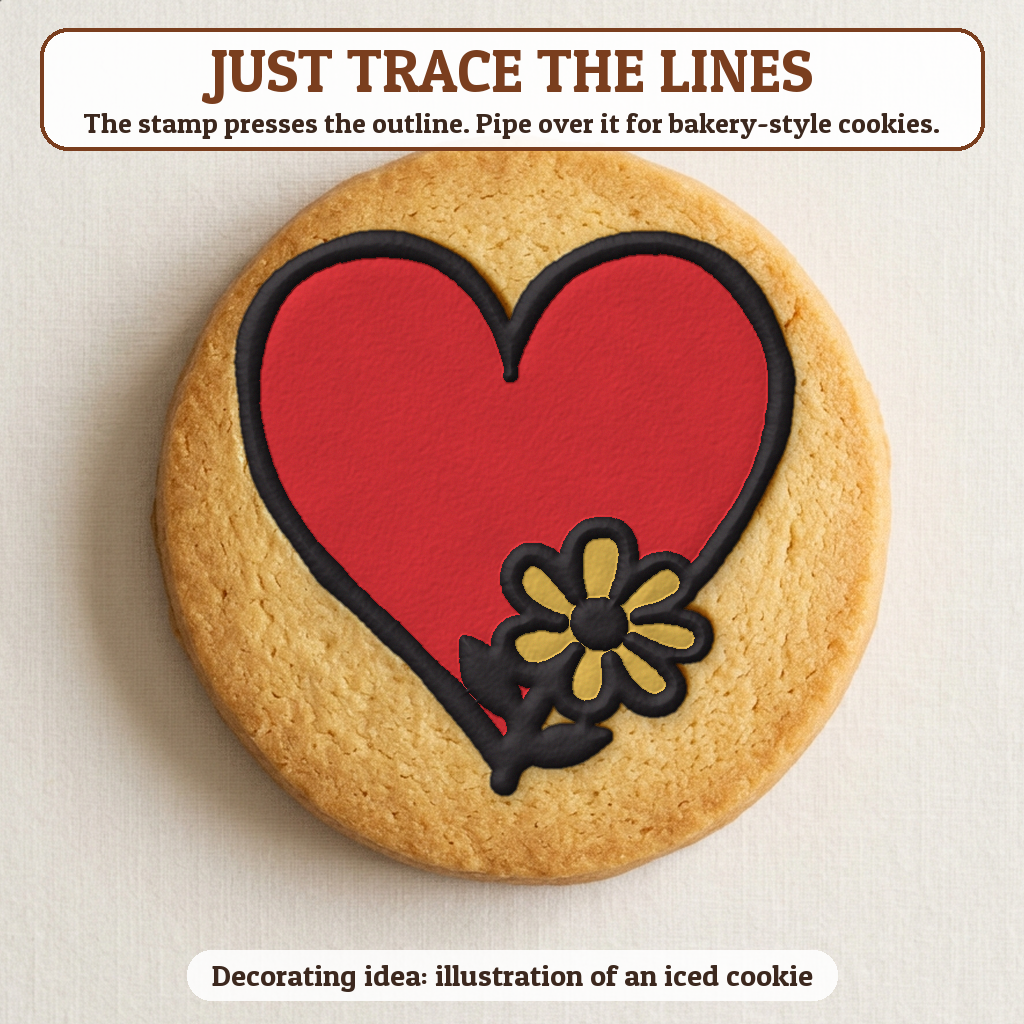 Heart with Flowers cookie traced with icing, iced decorating idea