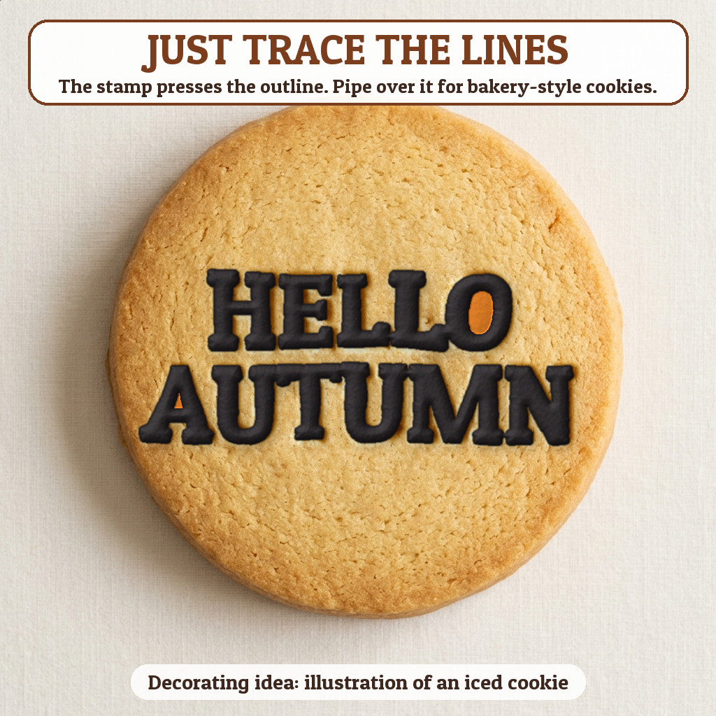 Hello Autumn cookie traced with icing, iced decorating idea