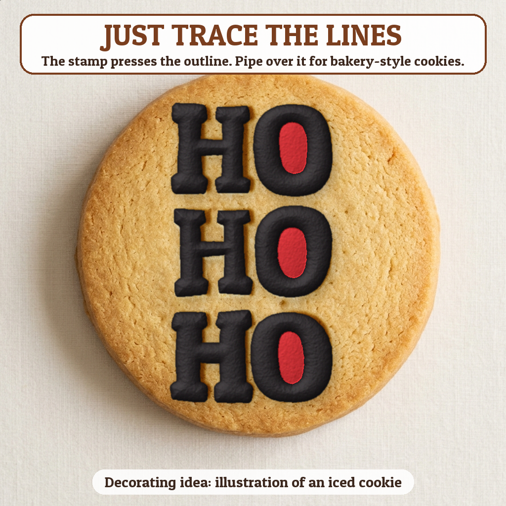 Ho Ho Ho cookie traced with icing, iced decorating idea
