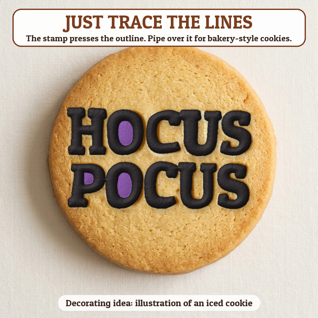 Hocus Pocus cookie traced with icing, iced decorating idea