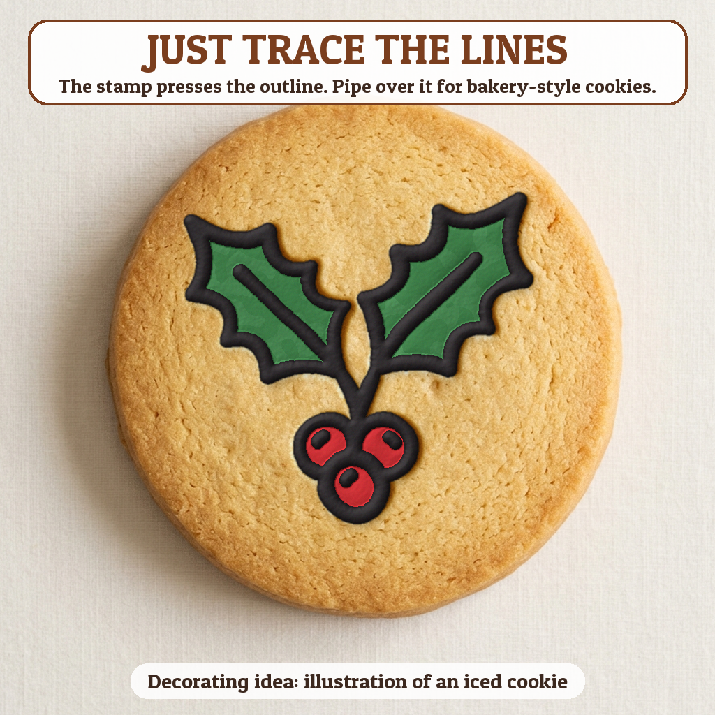 Holly Sprig cookie traced with icing, iced decorating idea