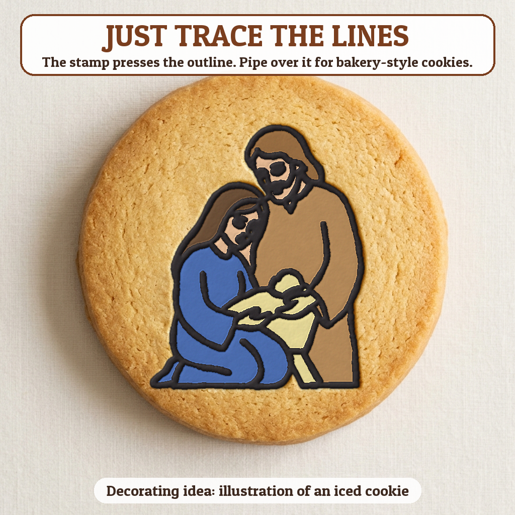 Holy Family Silhouette cookie traced with icing, iced decorating idea
