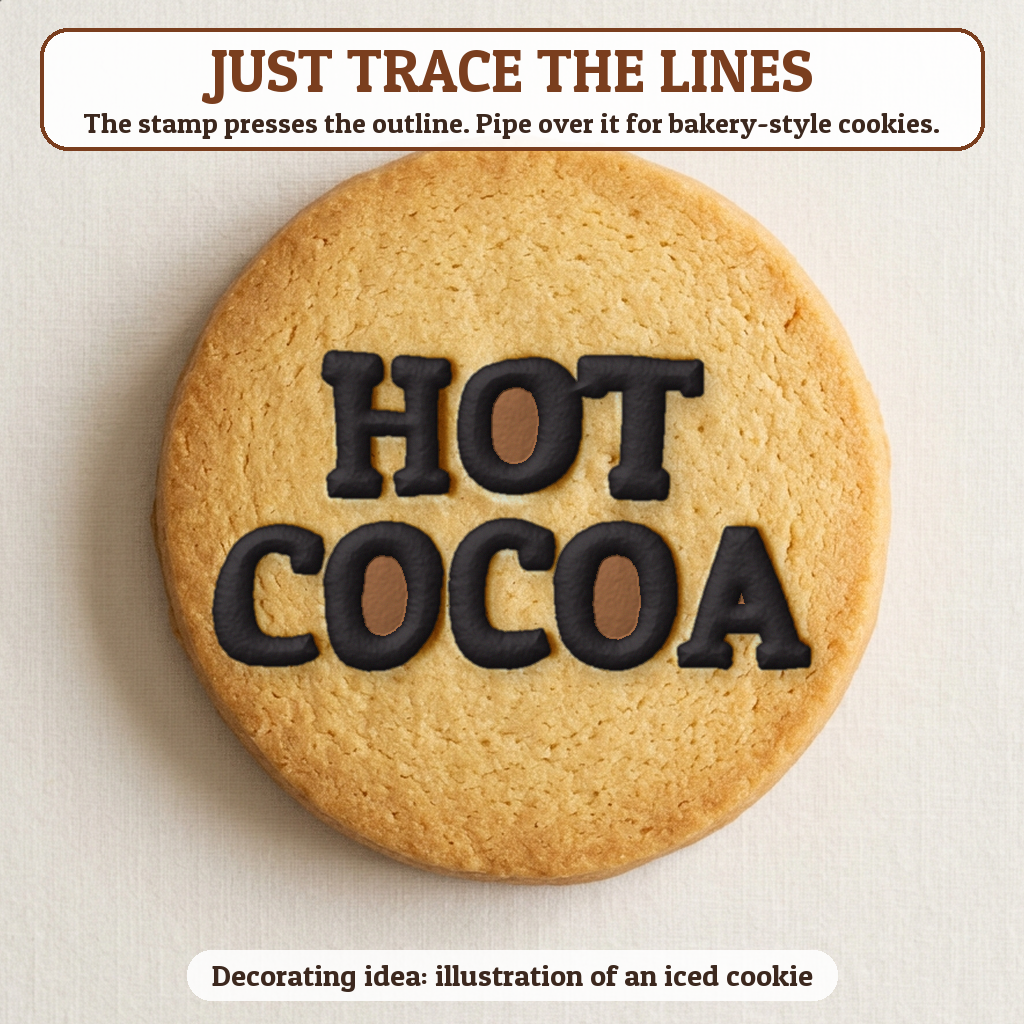 Hot Cocoa cookie traced with icing, iced decorating idea