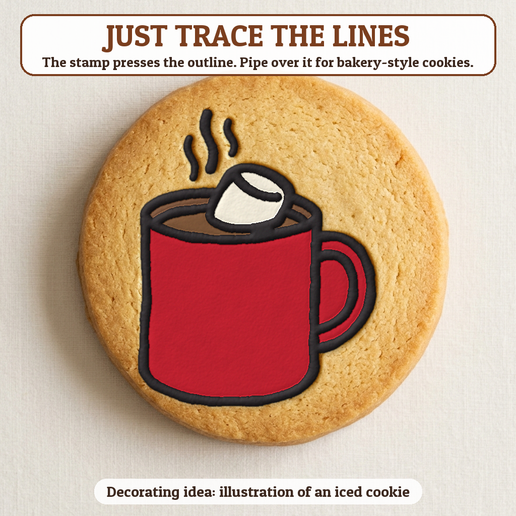 Hot Cocoa Mug cookie traced with icing, iced decorating idea