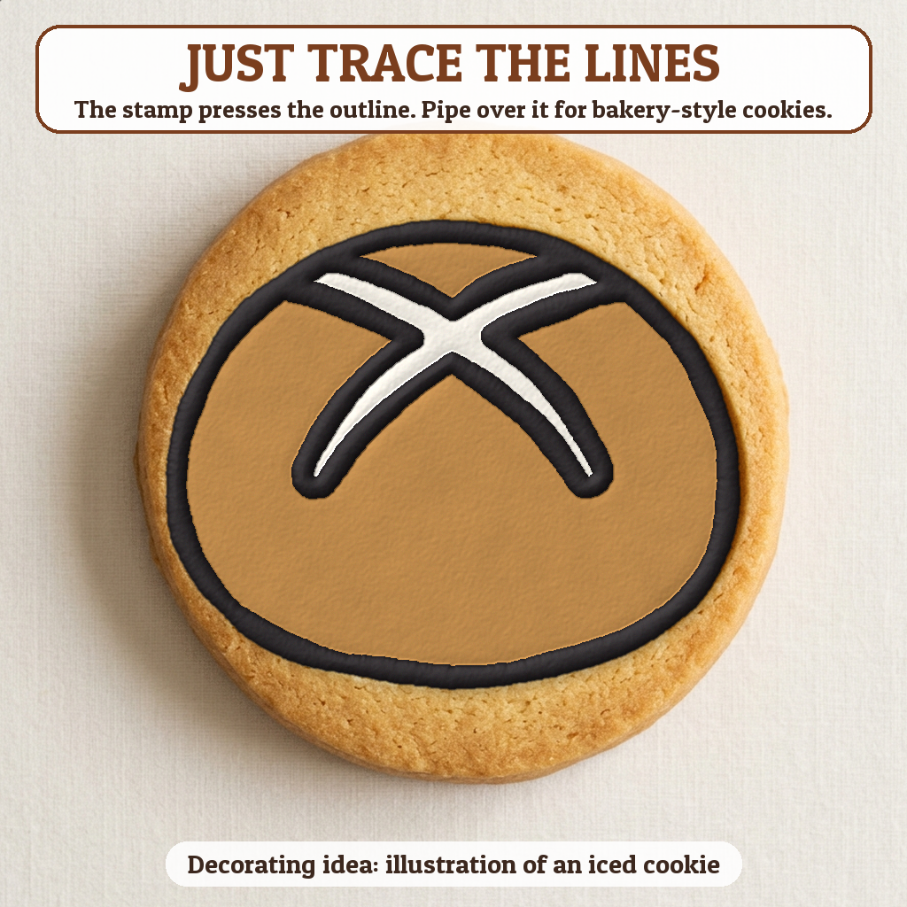 Hot Cross Bun cookie traced with icing, iced decorating idea