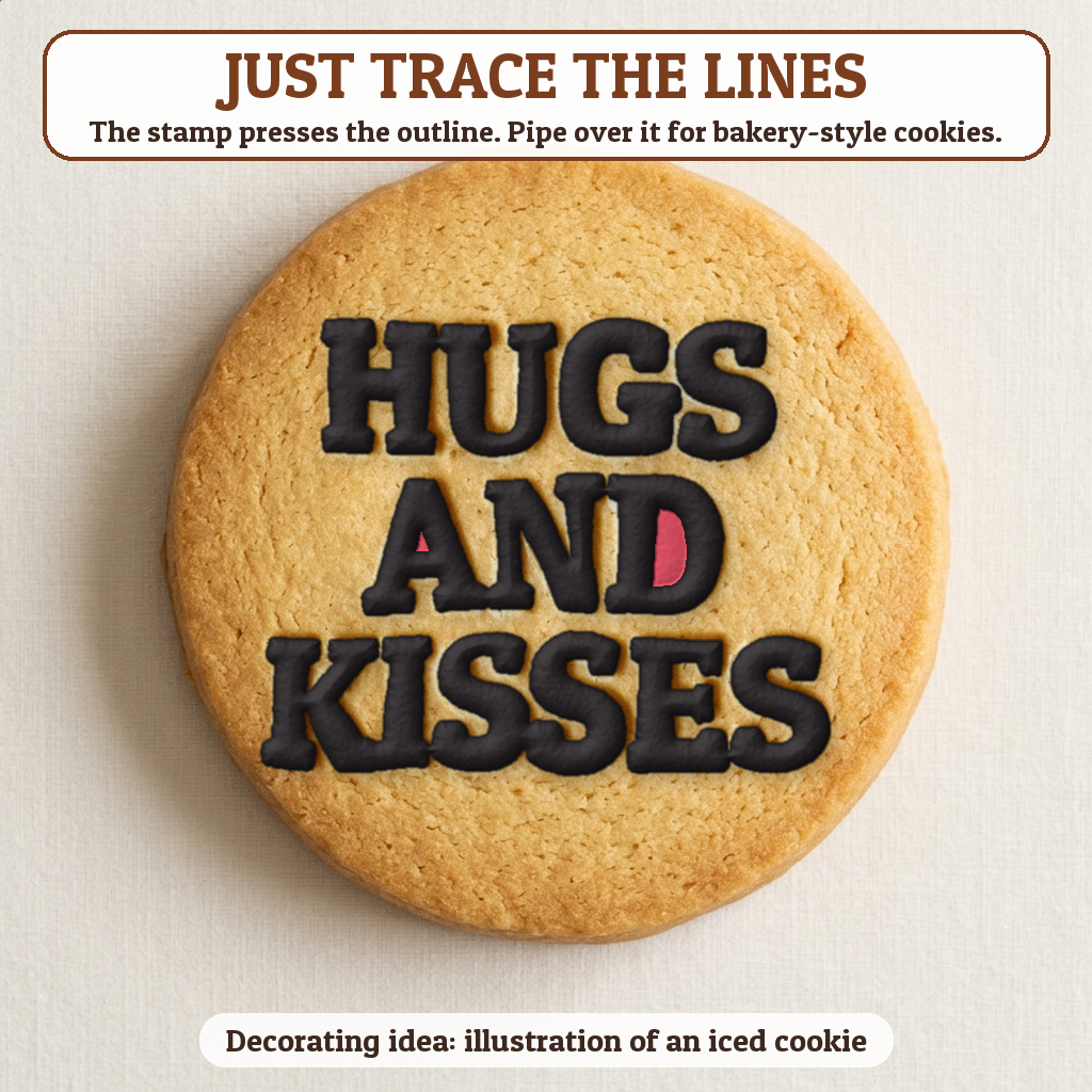 Hugs and Kisses cookie traced with icing, iced decorating idea