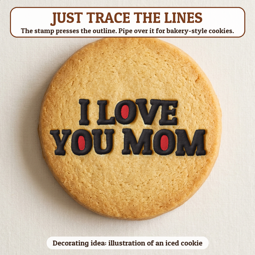 I Love You Mom cookie traced with icing, iced decorating idea