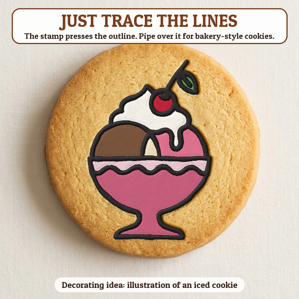 Ice Cream Sundae cookie traced with icing, iced decorating idea