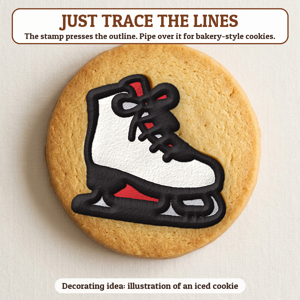 Ice Skate cookie traced with icing, iced decorating idea