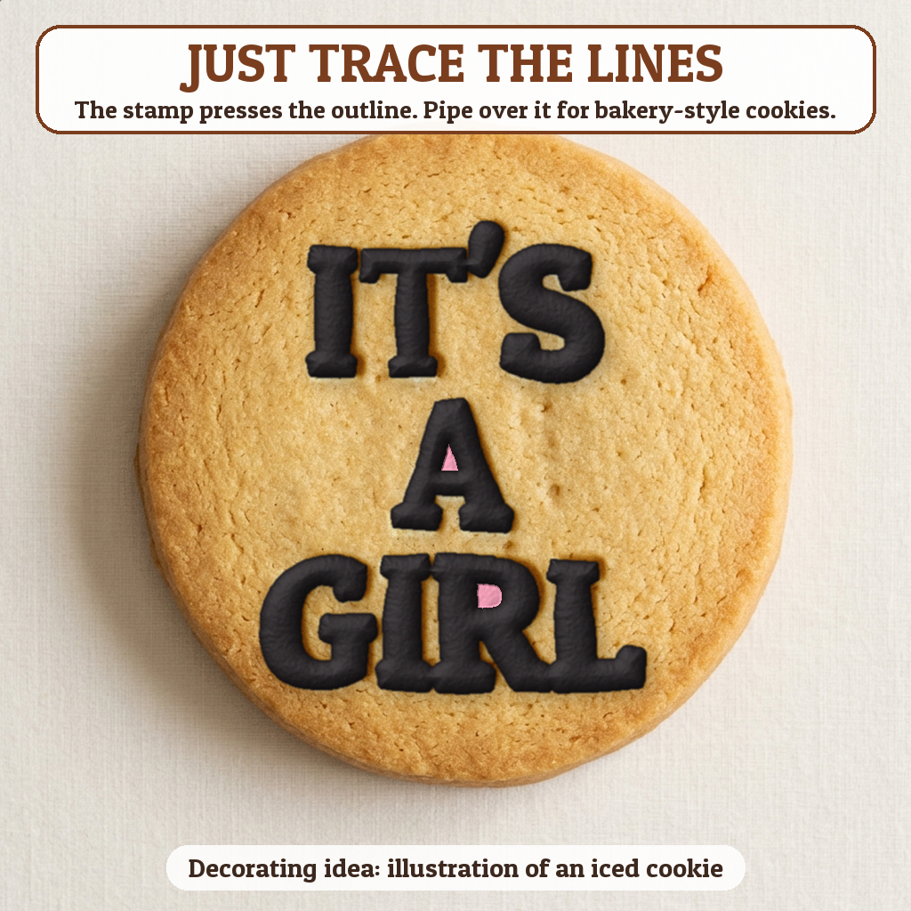It's a Girl cookie traced with icing, iced decorating idea