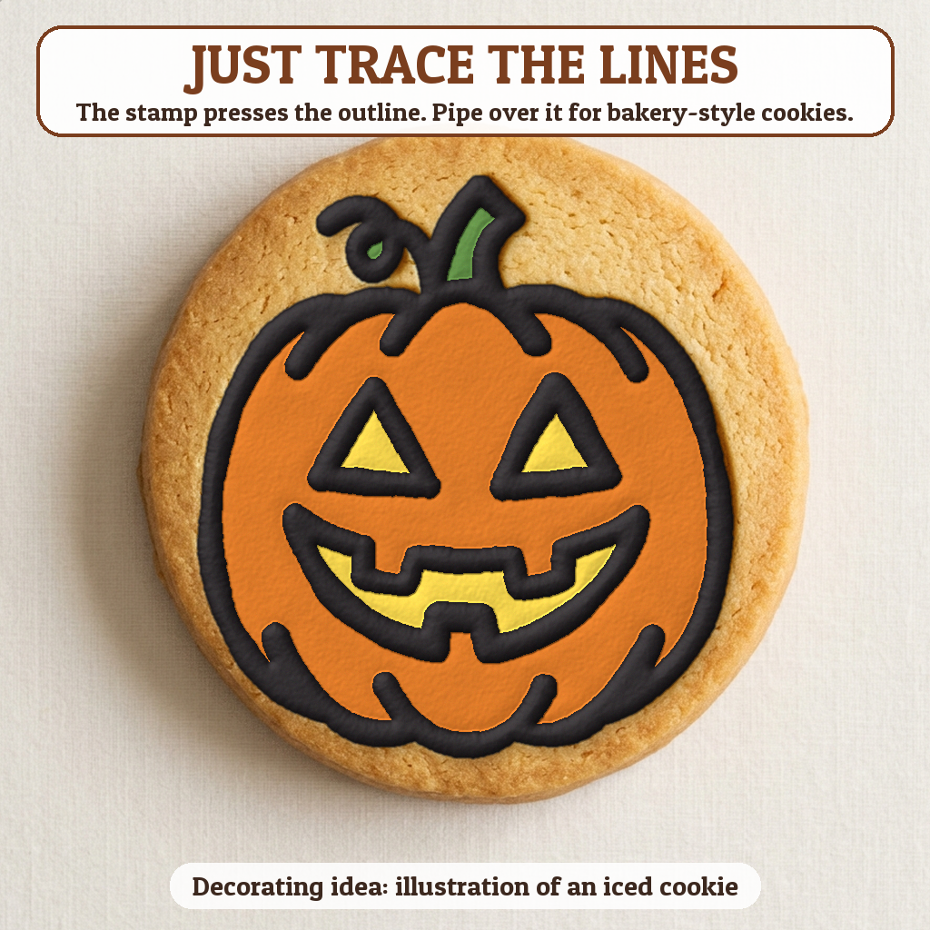 Jack-O-Lantern cookie traced with icing, iced decorating idea