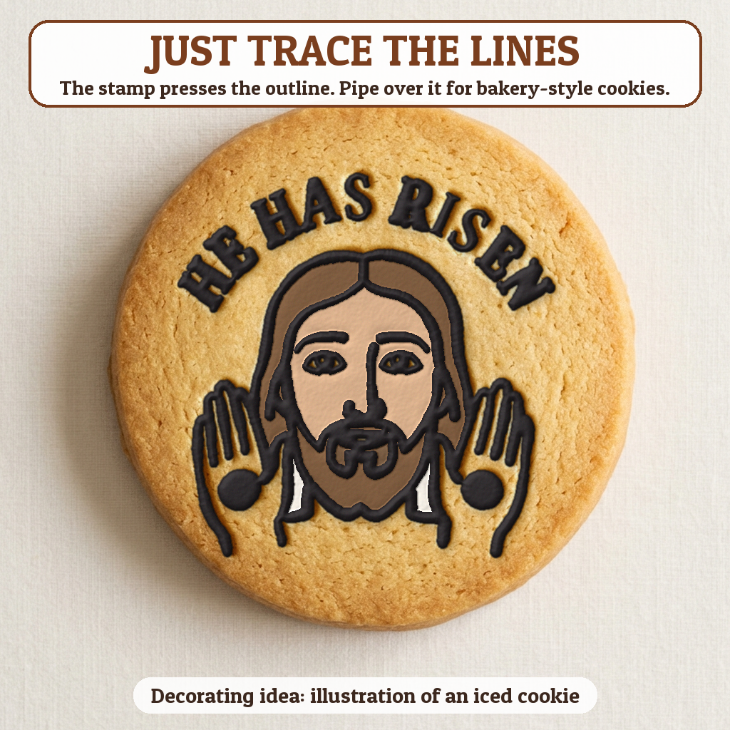 Jesus cookie traced with icing, iced decorating idea