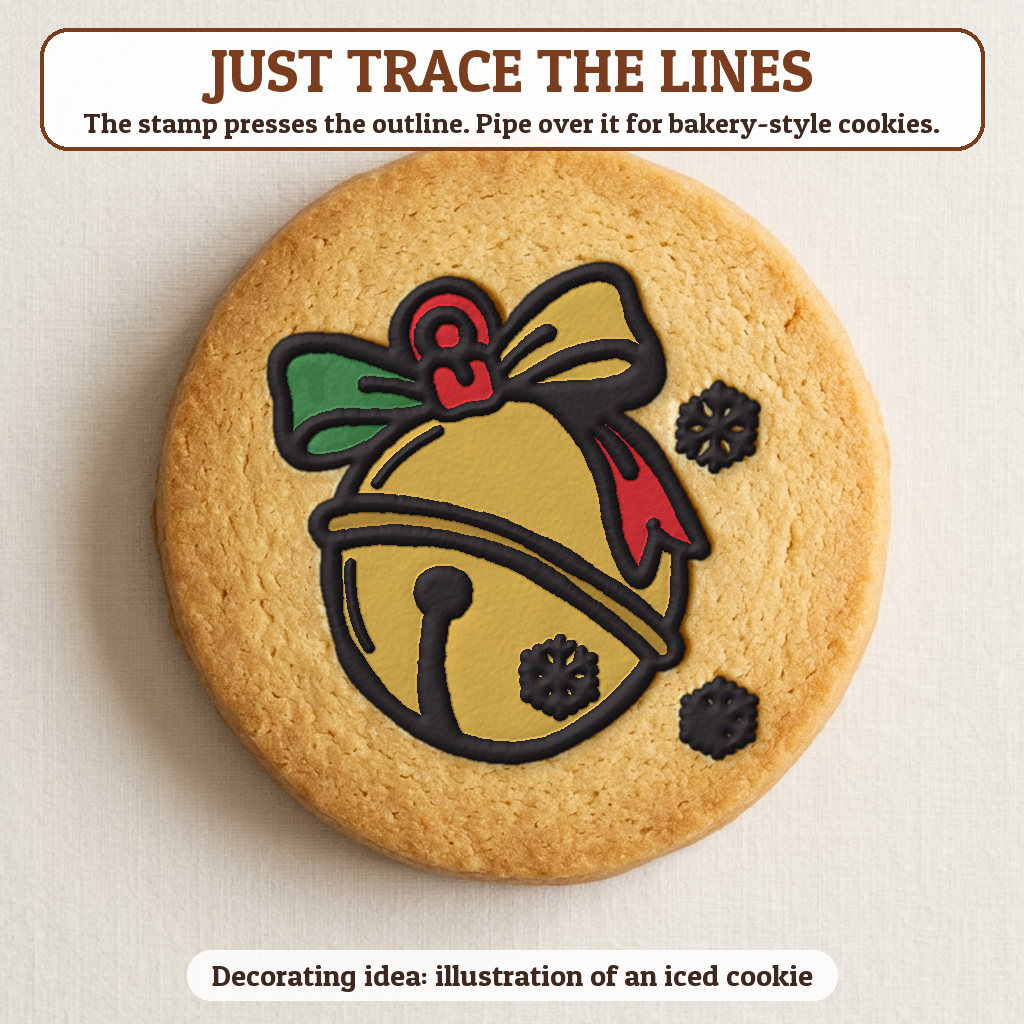 Jingle Bell cookie traced with icing, iced decorating idea