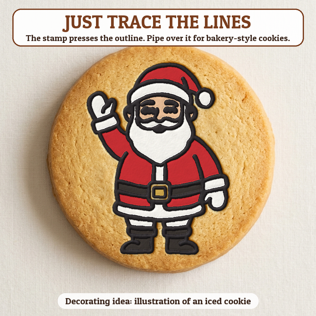 Jolly Santa Waving cookie traced with icing, iced decorating idea
