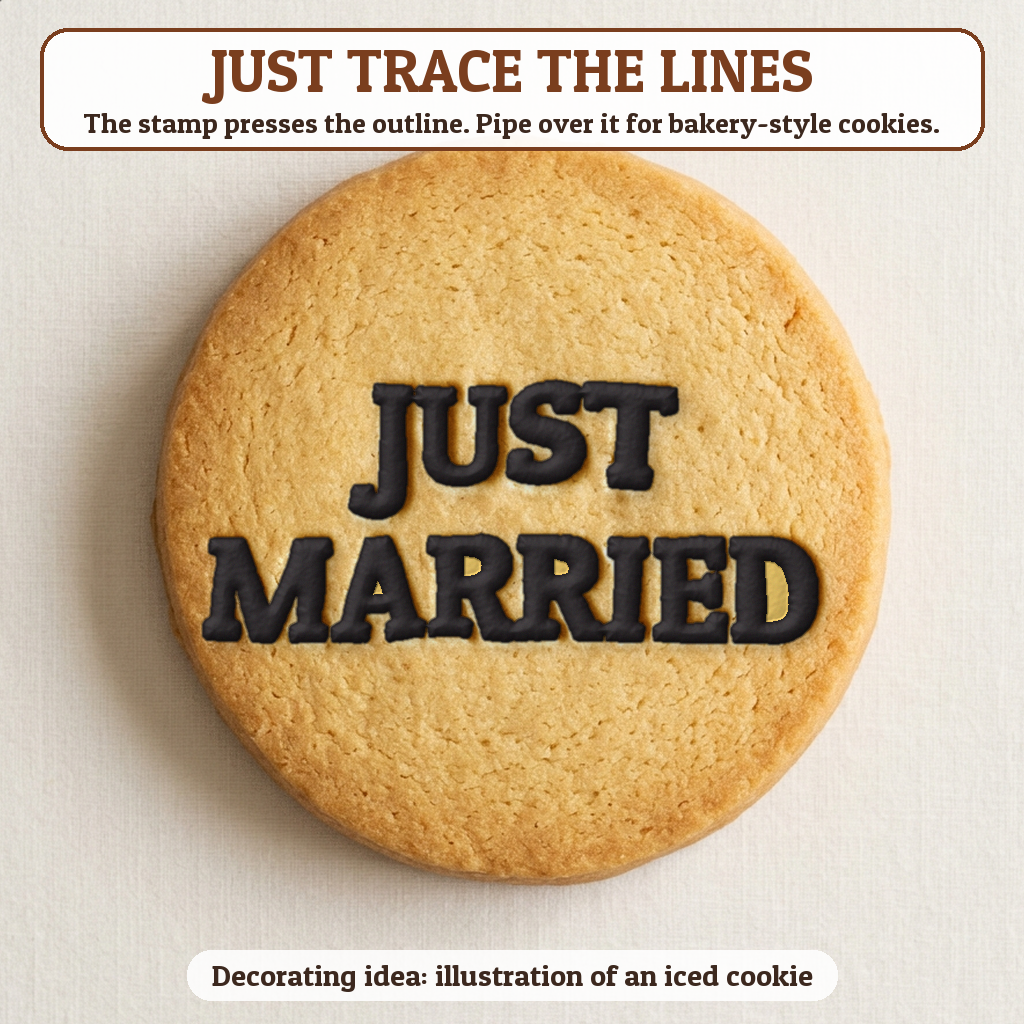 Just Married cookie traced with icing, iced decorating idea