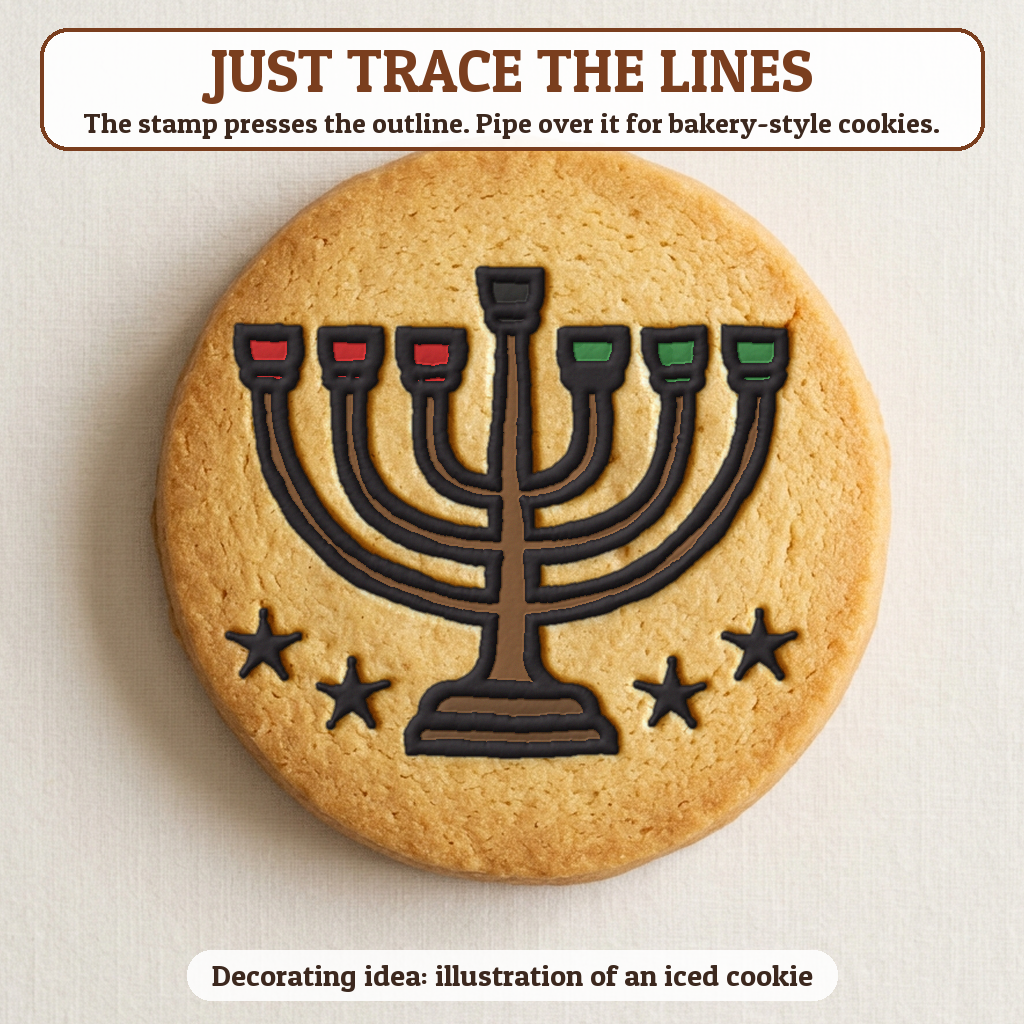 Kinara cookie traced with icing, iced decorating idea