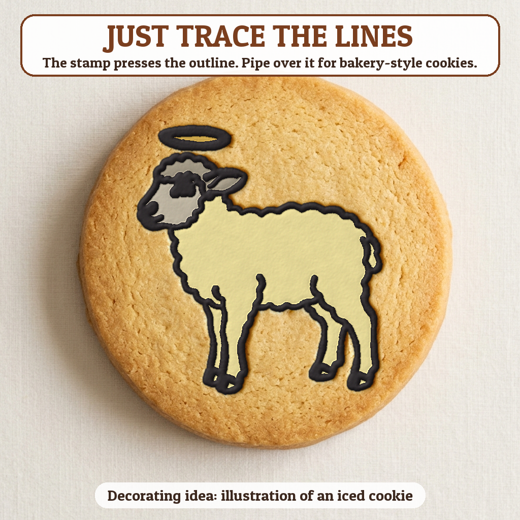 Lamb of God cookie traced with icing, iced decorating idea