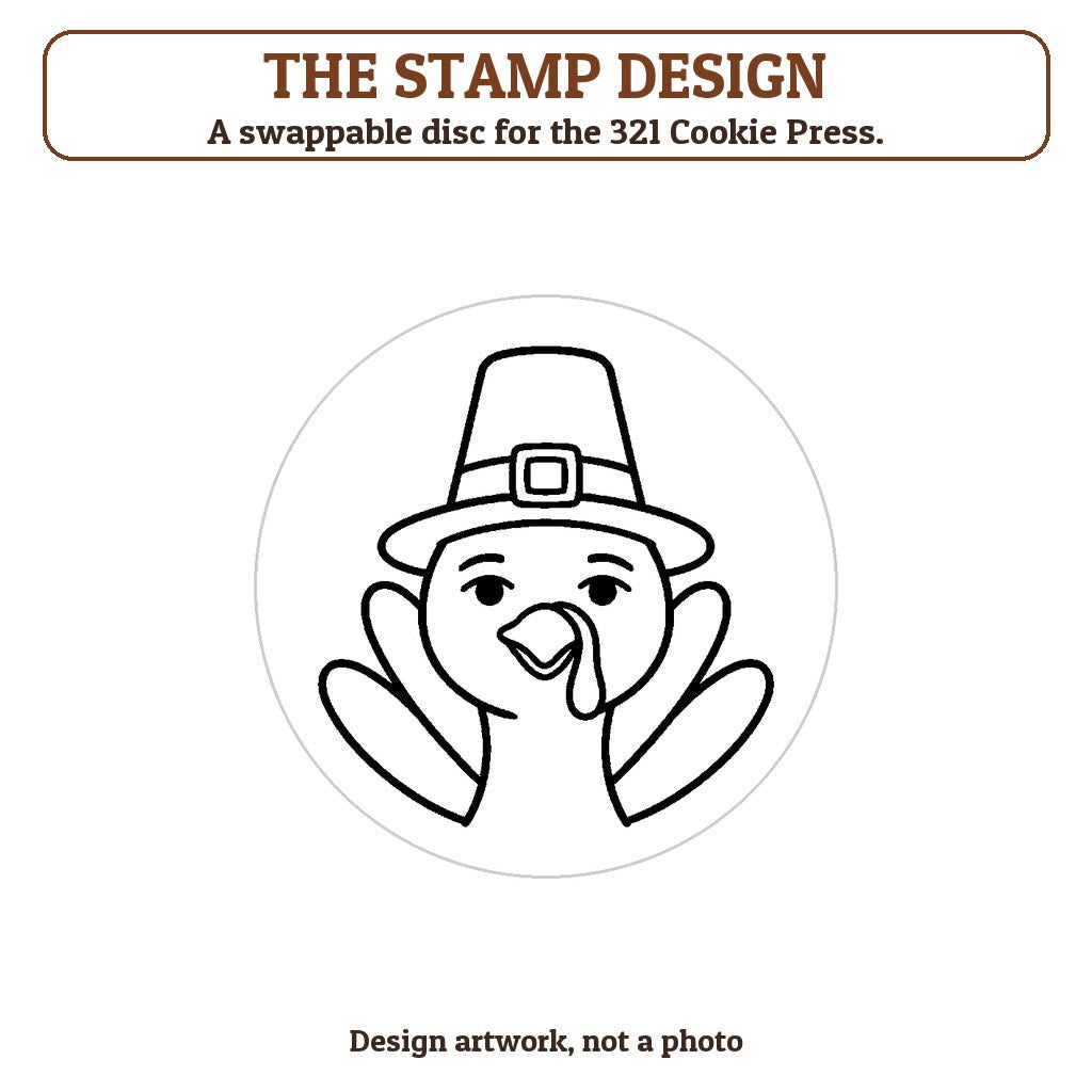 Turkey in a Pilgrim Hat cookie stamp - the stamp design artwork
