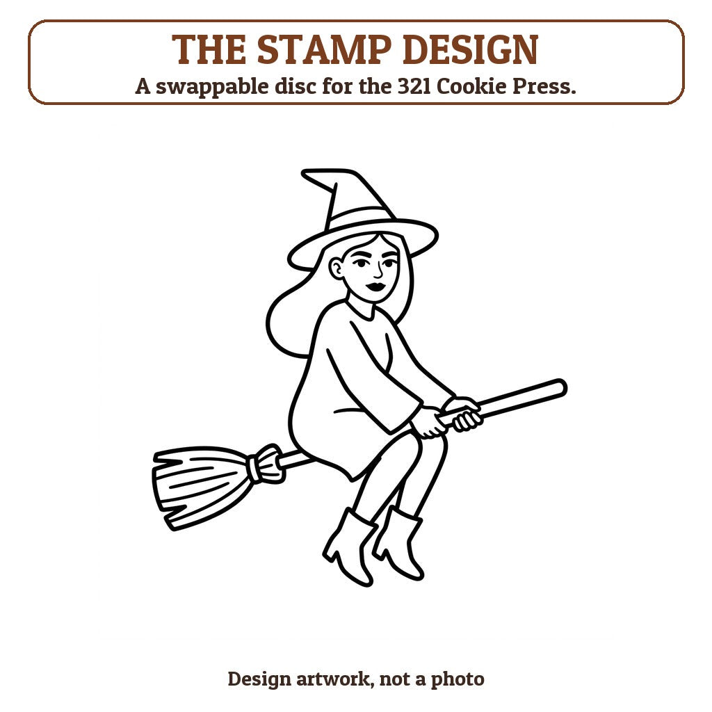 Witch on a Broom cookie stamp - the stamp design artwork