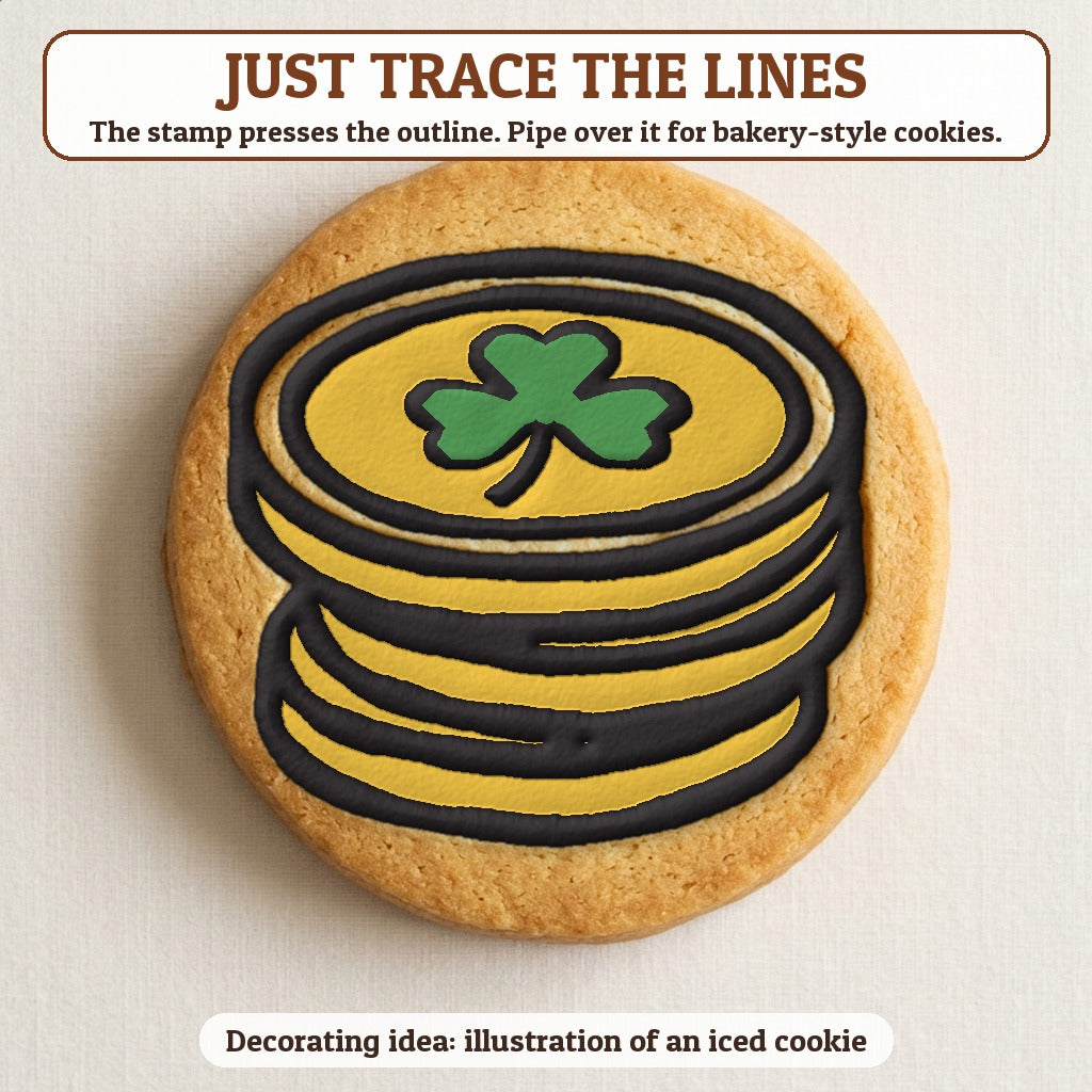 Gold Coin cookie traced with icing, iced decorating idea