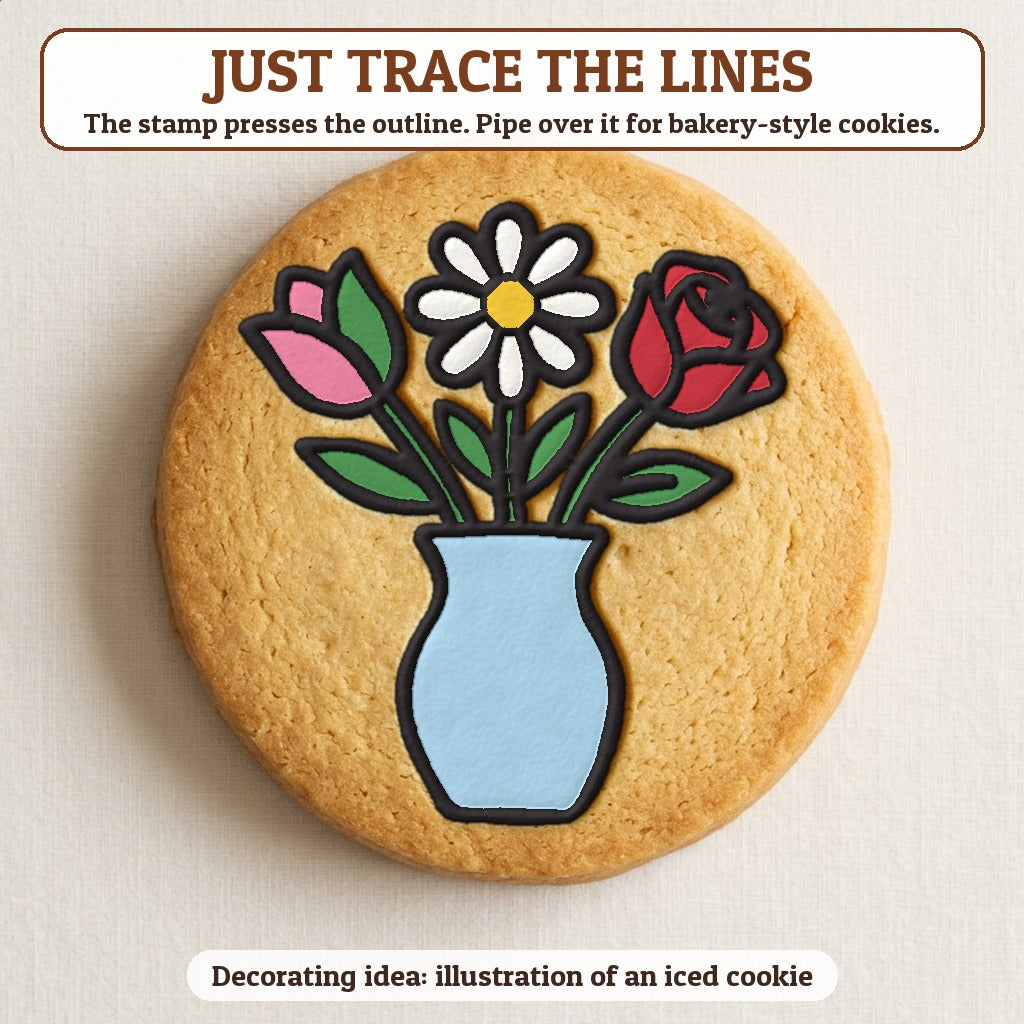 Vase of Flowers cookie traced with icing, iced decorating idea