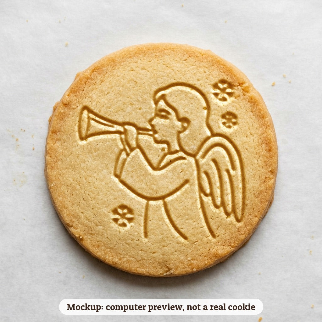 Angel with a Trumpet cookie stamp - cookie mockup, a computer preview, not a real cookie