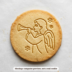Angel with a Trumpet cookie stamp - cookie mockup, a computer preview, not a real cookie