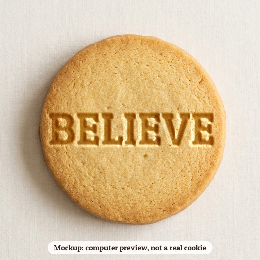 Believe cookie stamp - cookie mockup, a computer preview, not a real cookie
