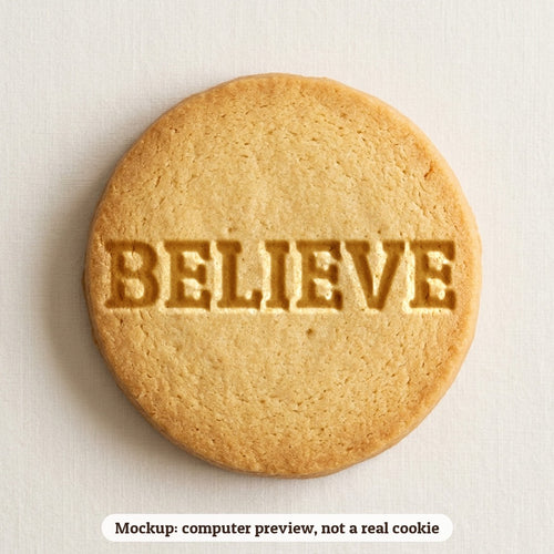 Believe cookie stamp - cookie mockup, a computer preview, not a real cookie