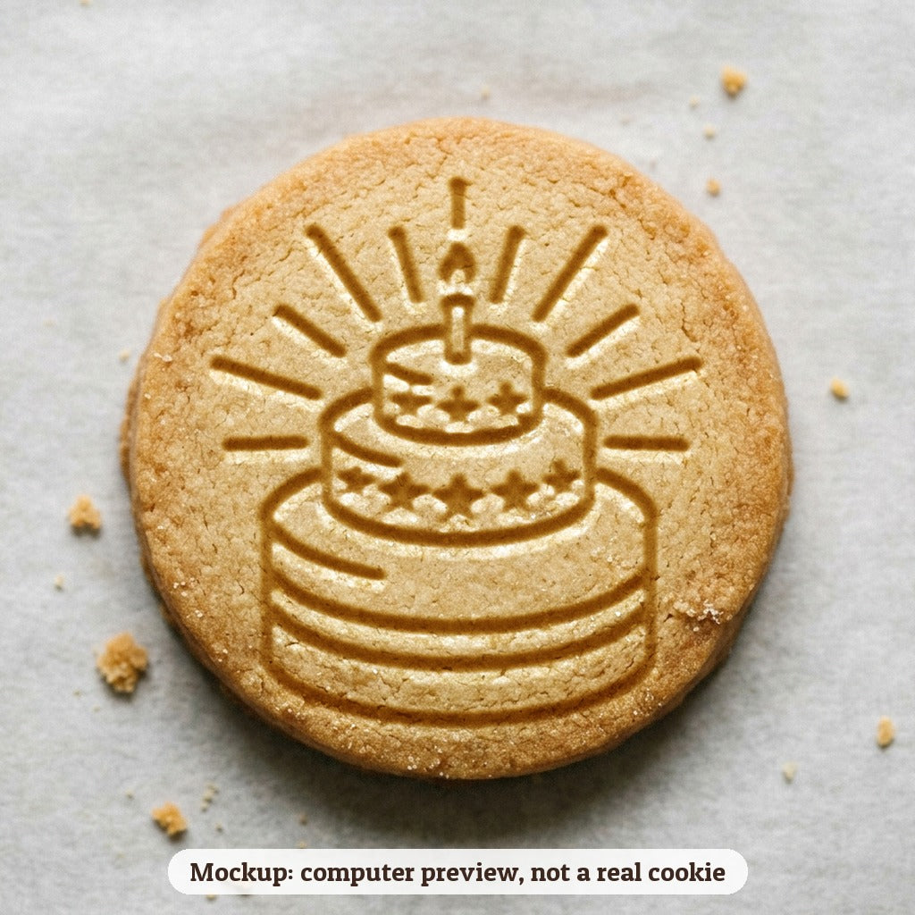 Birthday Cake cookie stamp - cookie mockup, a computer preview, not a real cookie