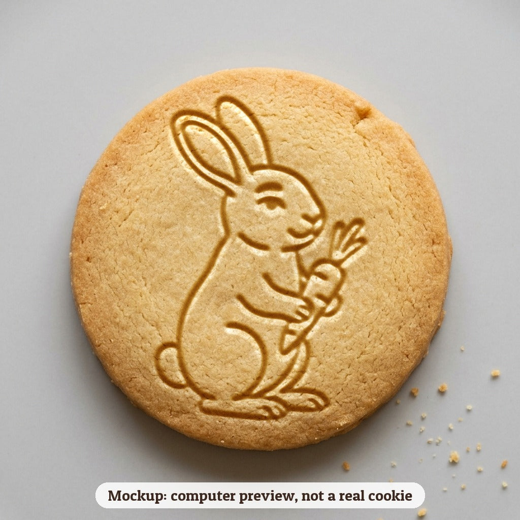 Bunny with a Carrot cookie stamp - cookie mockup, a computer preview, not a real cookie