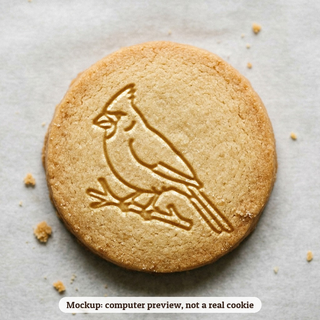 Cardinal in the Snow cookie stamp - cookie mockup, a computer preview, not a real cookie